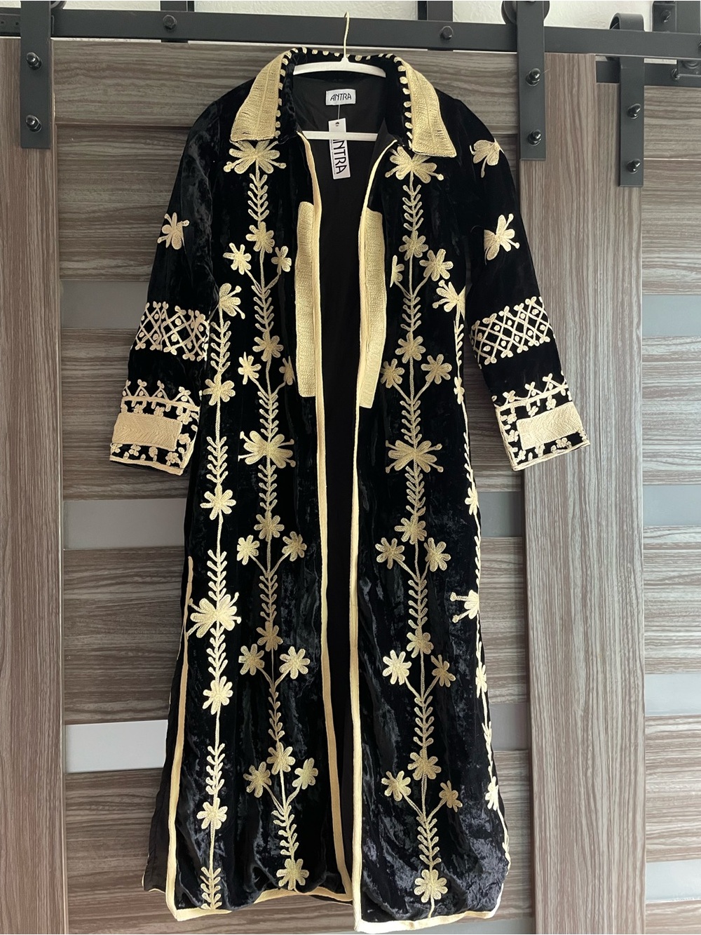 Antra Embroidered Velvet Black & Cream Long MIDI Jacket Coat - Picture 2 of 16